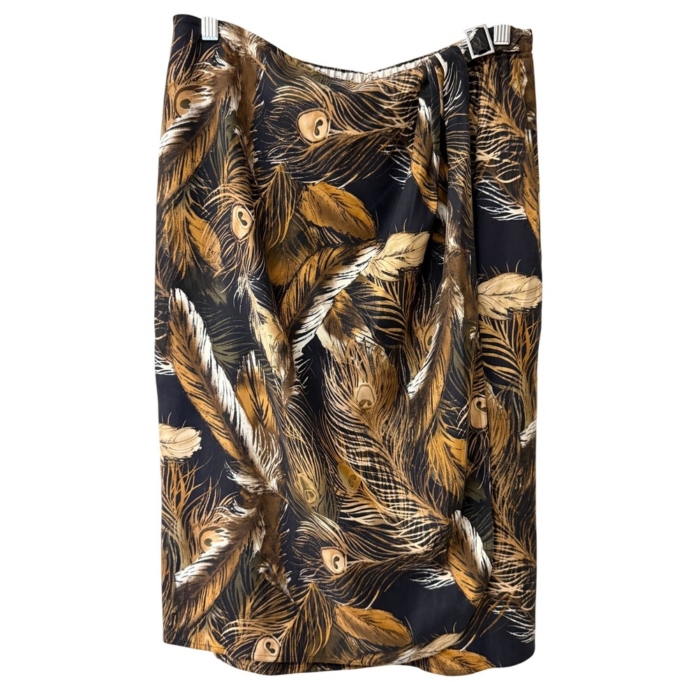 Natural Elements Peacock Feather Print Silk Midi Skirt Size 14 Wrap Style